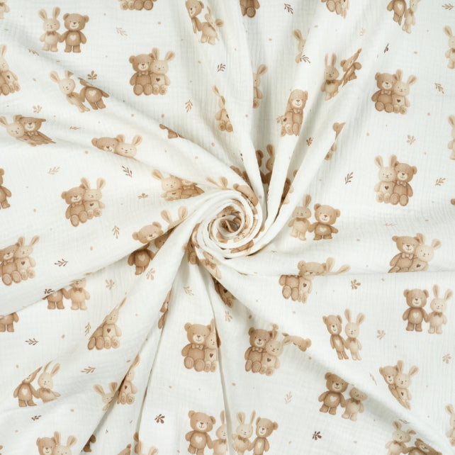 Tissu Double Gaze De Coton Imprimé | Lapin Ourson Coeur Brun | Laize 155cm