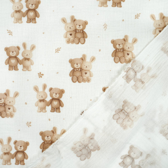 Tissu Double Gaze De Coton Imprimé | Lapin Ourson Coeur Brun | Laize 155cm