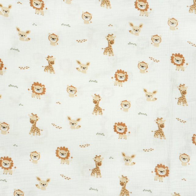 Tissu Double Gaze De Coton Imprimé | Lion Girafe Fond Blanc | Laize 155cm