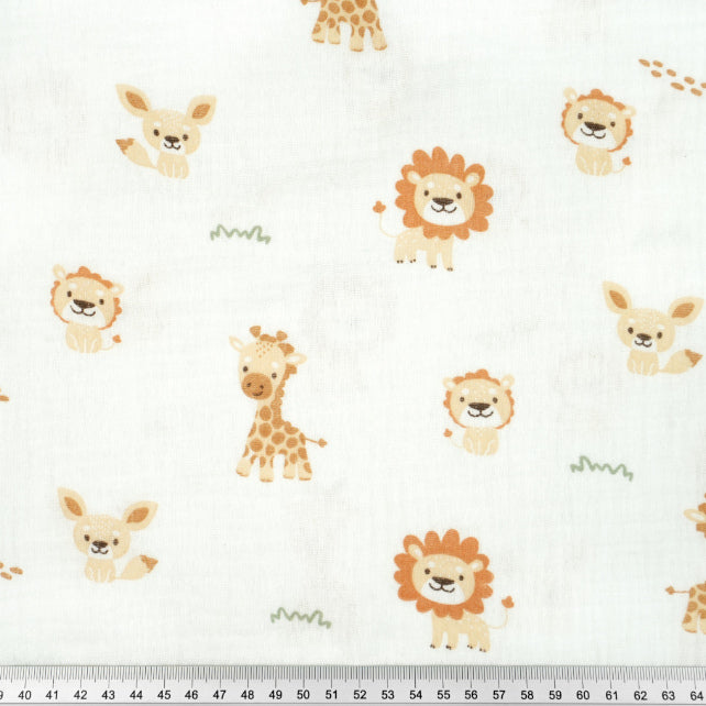 Tissu Double Gaze De Coton Imprimé | Lion Girafe Fond Blanc | Laize 155cm