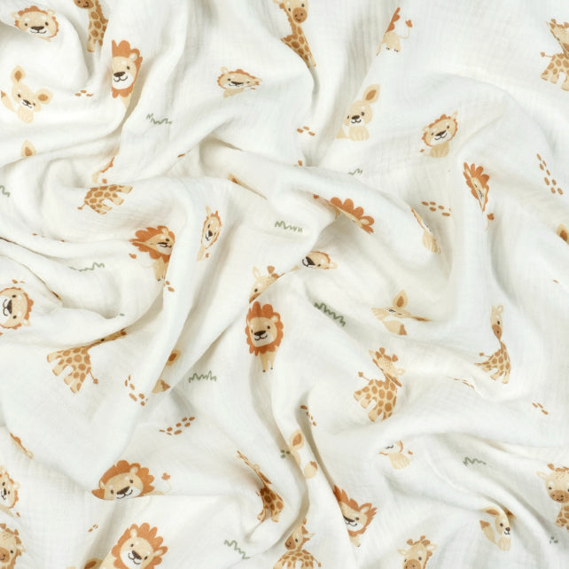 Tissu Double Gaze De Coton Imprimé | Lion Girafe Fond Blanc | Laize 155cm