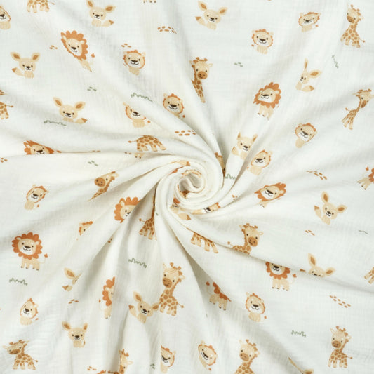 Tissu Double Gaze De Coton Imprimé | Lion Girafe Fond Blanc | Laize 155cm