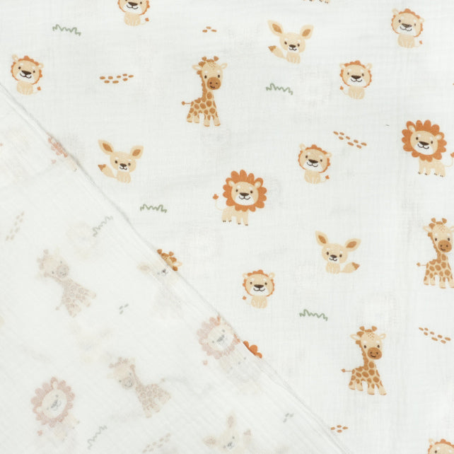 Tissu Double Gaze De Coton Imprimé | Lion Girafe Fond Blanc | Laize 155cm