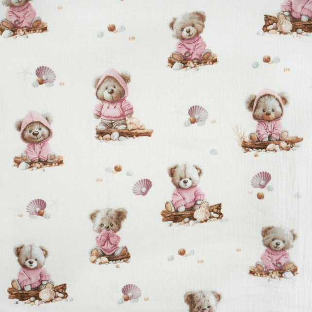 Tissu Double Gaze De Coton Imprimé | Ourson Coquillage | Laize 155cm