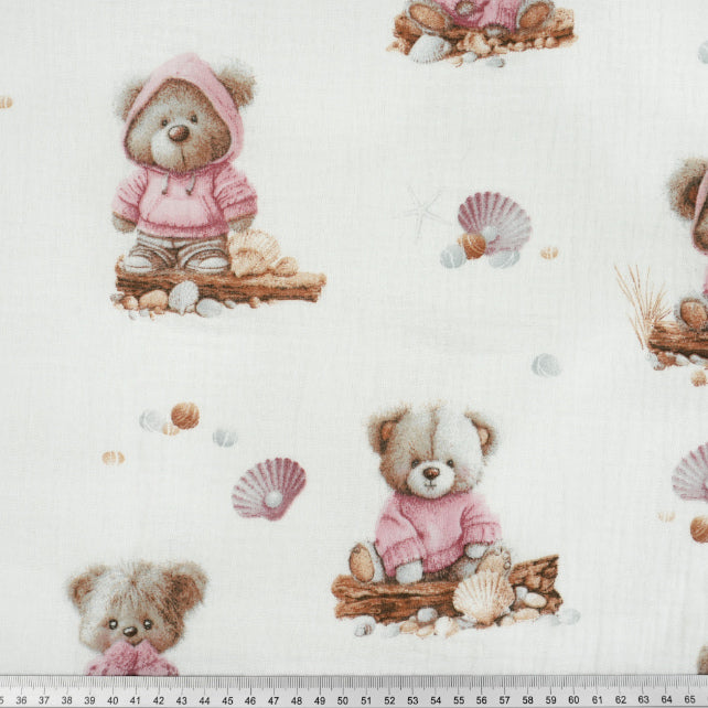 Tissu Double Gaze De Coton Imprimé | Ourson Coquillage | Laize 155cm