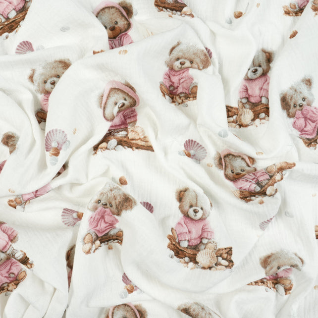 Tissu Double Gaze De Coton Imprimé | Ourson Coquillage | Laize 155cm