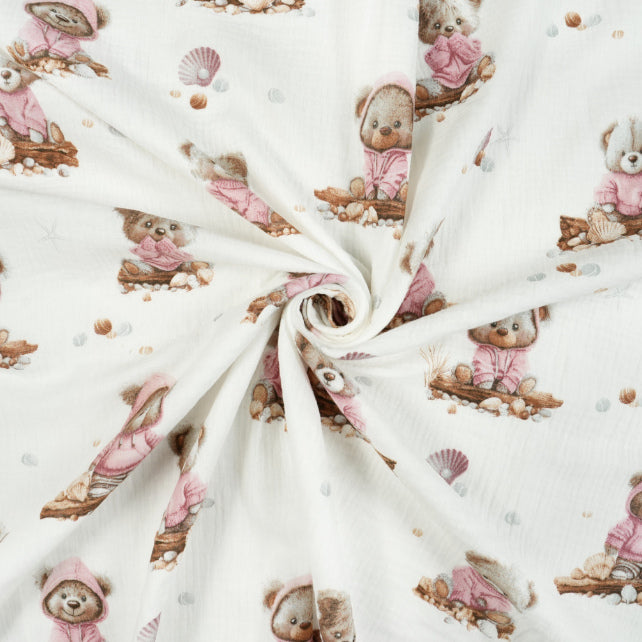 Tissu Double Gaze De Coton Imprimé | Ourson Coquillage | Laize 155cm