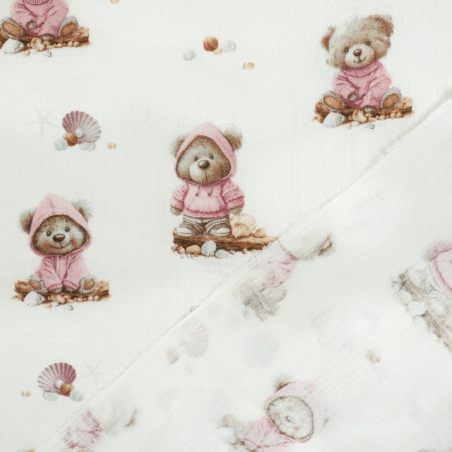 Tissu Double Gaze De Coton Imprimé | Ourson Coquillage | Laize 155cm