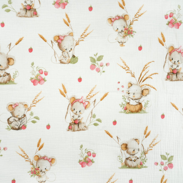 Tissu Double Gaze De Coton Imprimé | Souris et Framboise | Laize 155cm