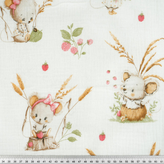 Tissu Double Gaze De Coton Imprimé | Souris et Framboise | Laize 155cm