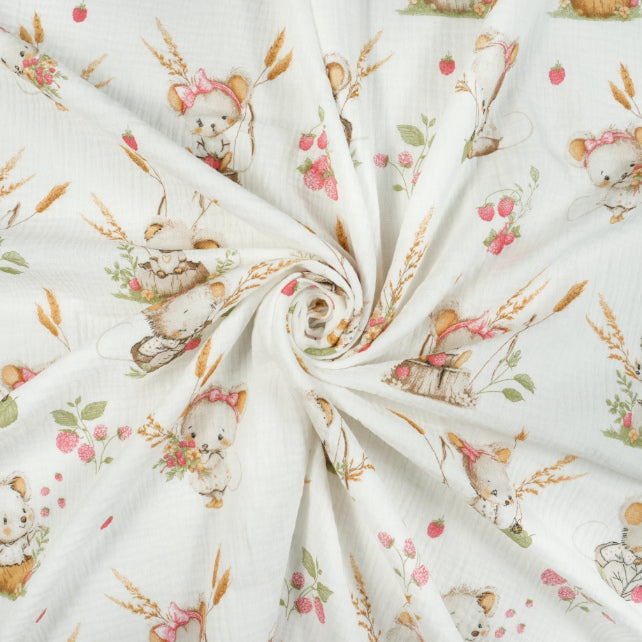 Tissu Double Gaze De Coton Imprimé | Souris et Framboise | Laize 155cm