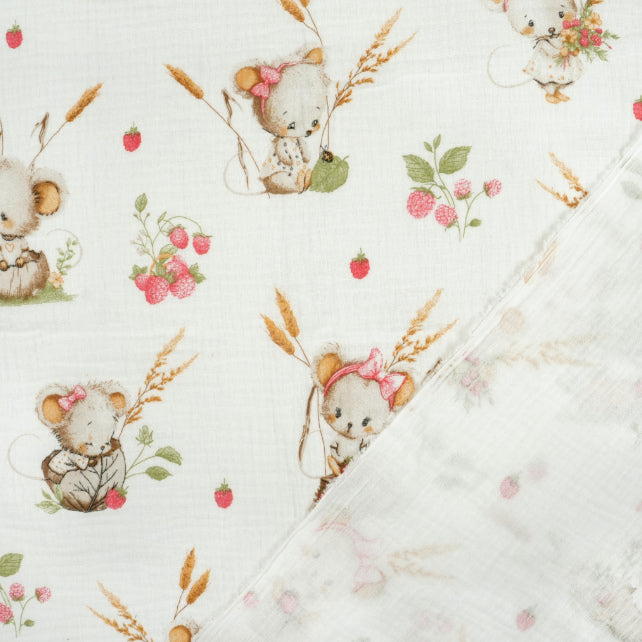 Tissu Double Gaze De Coton Imprimé | Souris et Framboise | Laize 155cm