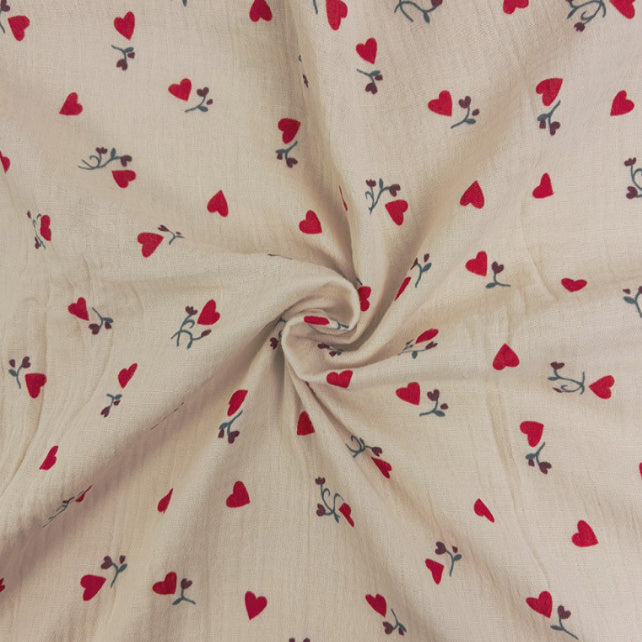 Tissu Double Gaze De Coton Imprimé - Coeurs Ilove Fond Latte