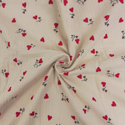 Tissu Double Gaze De Coton Imprimé - Coeurs Ilove Fond Latte