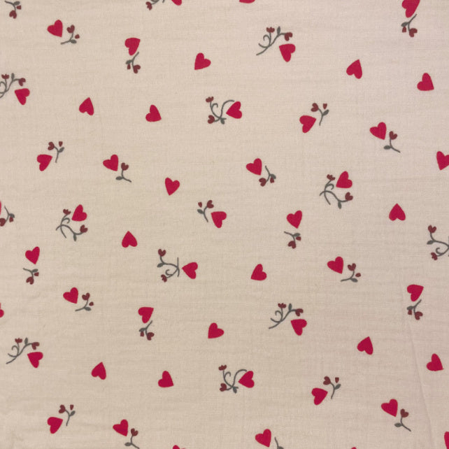 Tissu Double Gaze De Coton Imprimé - Coeurs Ilove Fond Latte