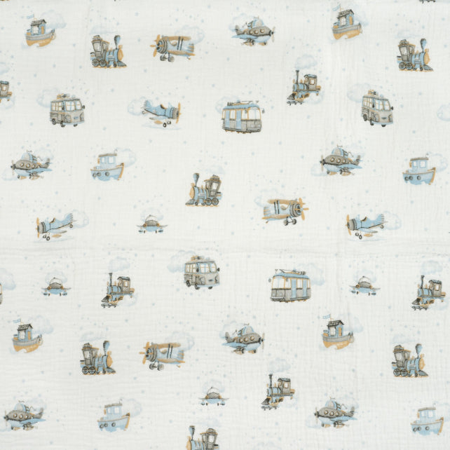Tissus Double Gaze De Coton Imprimé | Véhicules Beige Bleu | Laize 135cm
