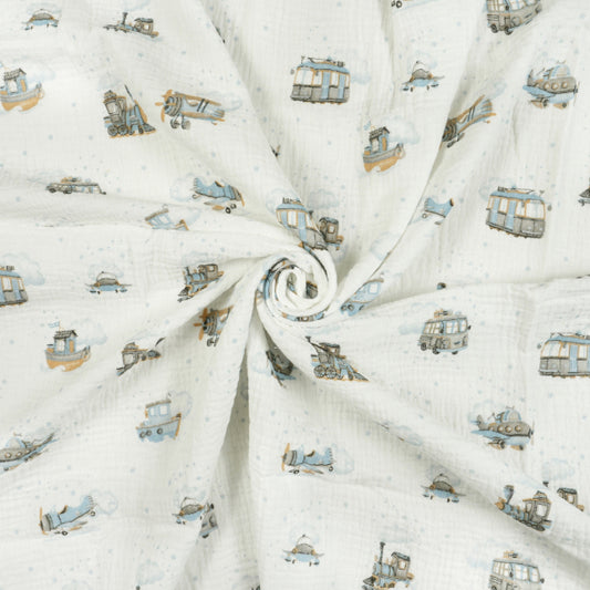 Tissus Double Gaze De Coton Imprimé | Véhicules Beige Bleu | Laize 135cm