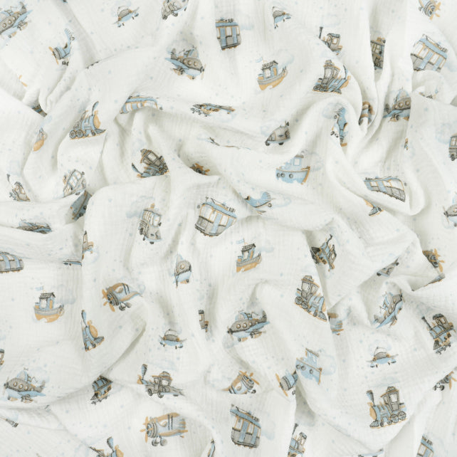Tissus Double Gaze De Coton Imprimé | Véhicules Beige Bleu | Laize 135cm