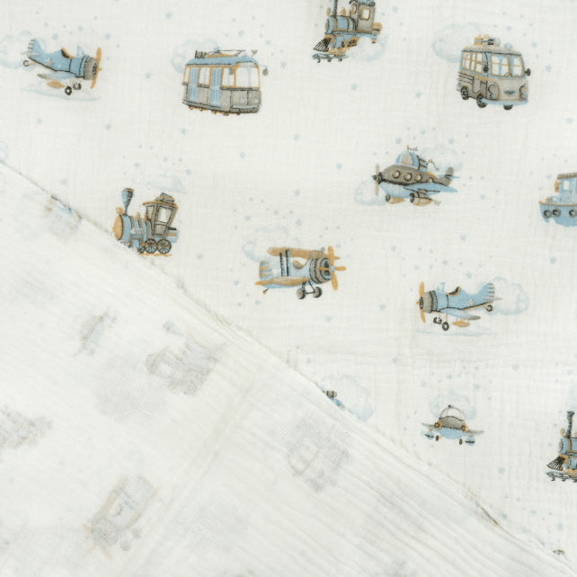 Tissus Double Gaze De Coton Imprimé | Véhicules Beige Bleu | Laize 135cm