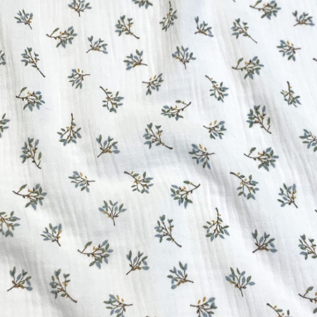 Tissu Double Gaze De Coton Imprimé - Fleurs Judy Blanc Bleu
