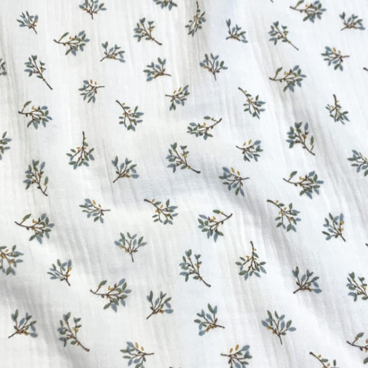 Tissu Double Gaze De Coton Imprimé - Fleurs Judy Blanc Bleu