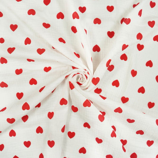 Tissu Double Gaze De Coton Imprimé | Cœurs Rouges Fond Blanc | Laize 130cm