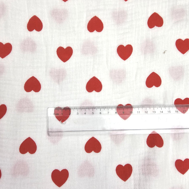 Tissu Double Gaze De Coton Imprimé | Cœurs Rouges Fond Blanc | Laize 130cm