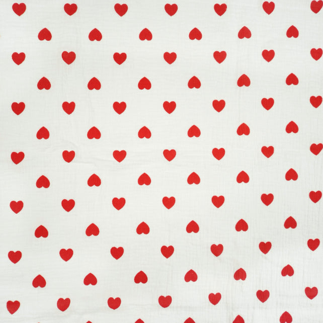 Tissu Double Gaze De Coton Imprimé | Cœurs Rouges Fond Blanc | Laize 130cm
