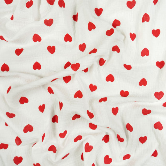 Tissu Double Gaze De Coton Imprimé | Cœurs Rouges Fond Blanc | Laize 130cm
