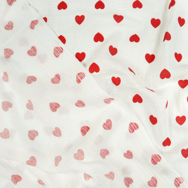 Tissu Double Gaze De Coton Imprimé | Cœurs Rouges Fond Blanc | Laize 130cm