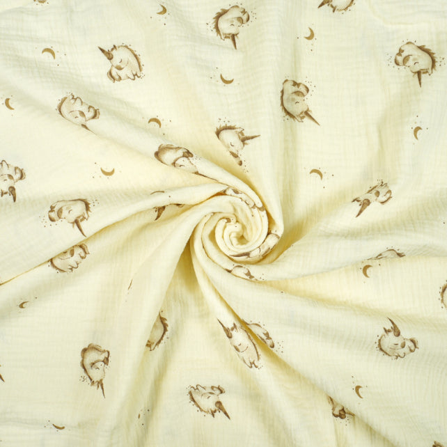Tissus Double Gaze De Coton Imprimé | Licornes Fond Ecru | Laize 135cm
