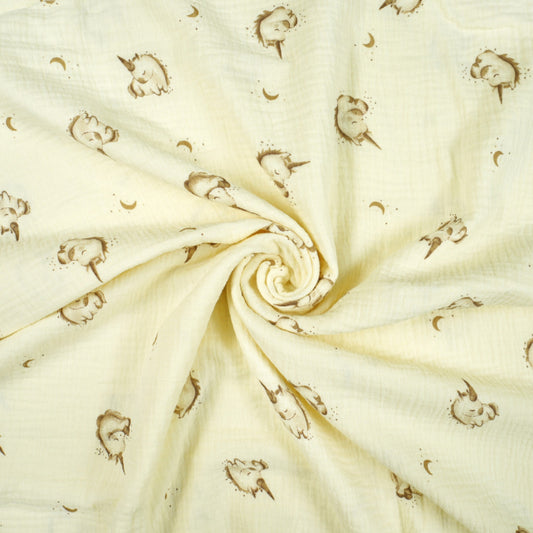 Tissus Double Gaze De Coton Imprimé | Licornes Fond Ecru | Laize 135cm