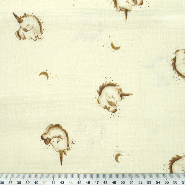 Tissus Double Gaze De Coton Imprimé | Licornes Fond Ecru | Laize 135cm