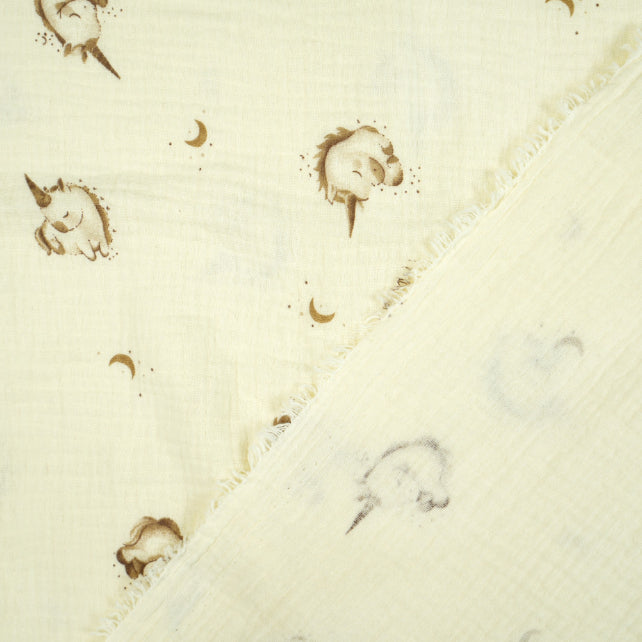 Tissus Double Gaze De Coton Imprimé | Licornes Fond Ecru | Laize 135cm