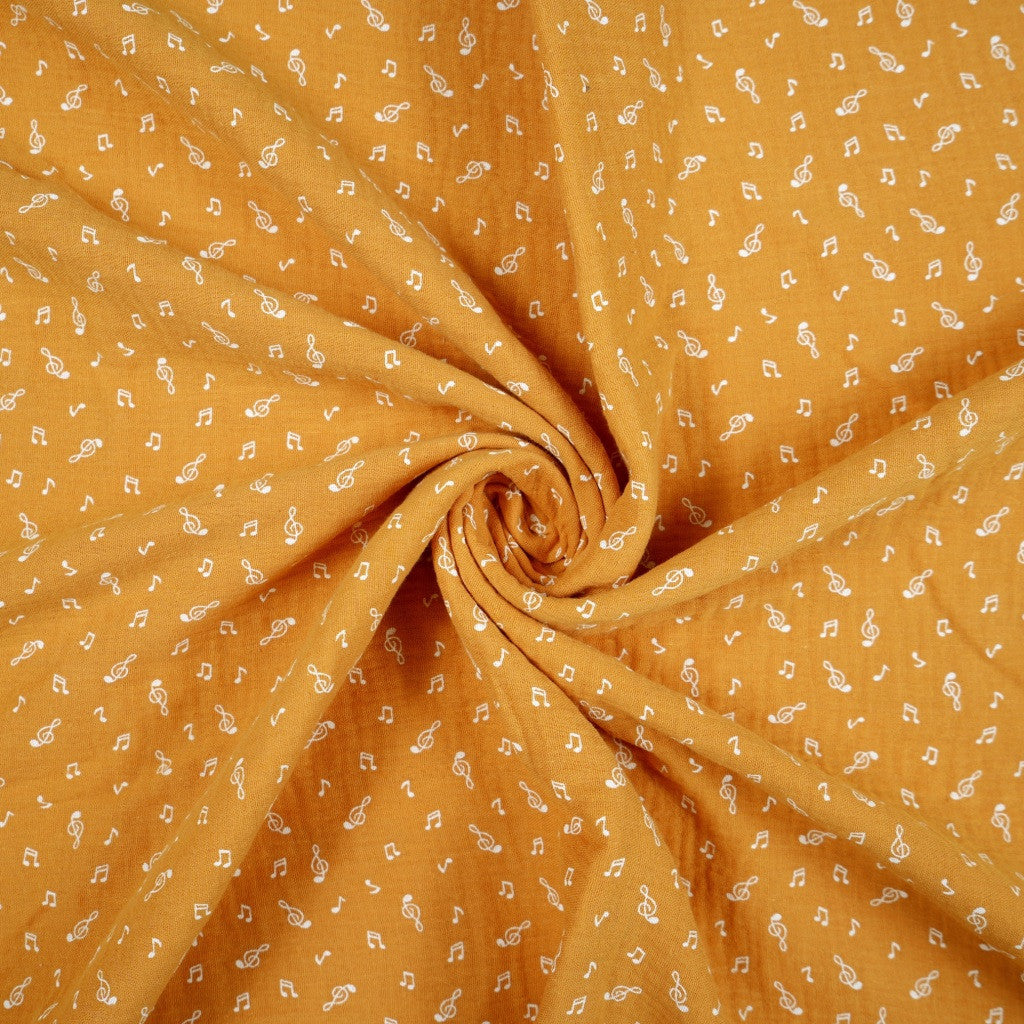 Tissu Double Gaze De Coton Imprimé | Notes de Musique Fond Moutarde
