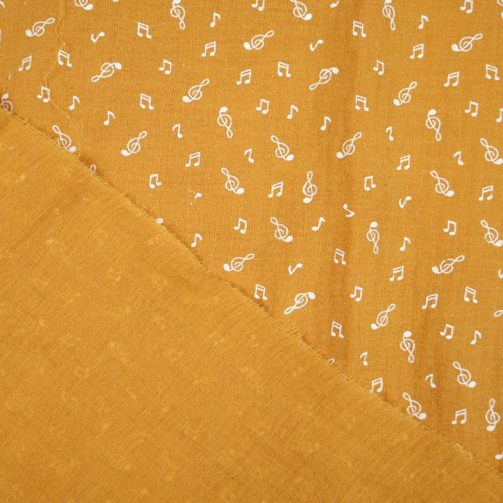 Tissu Double Gaze De Coton Imprimé | Notes de Musique Fond Moutarde