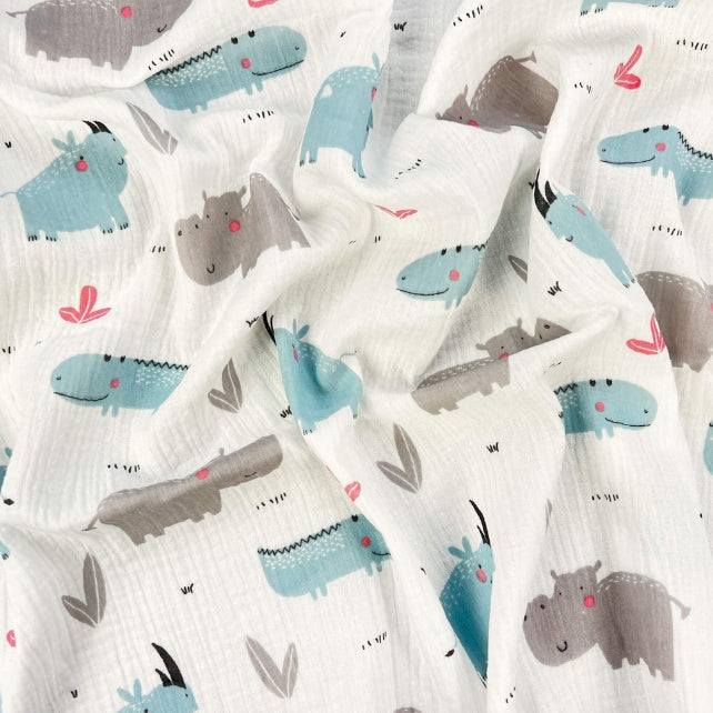 Tissu Double Gaze De Coton Imprimé | Rhino Hippo | Laize 135cm