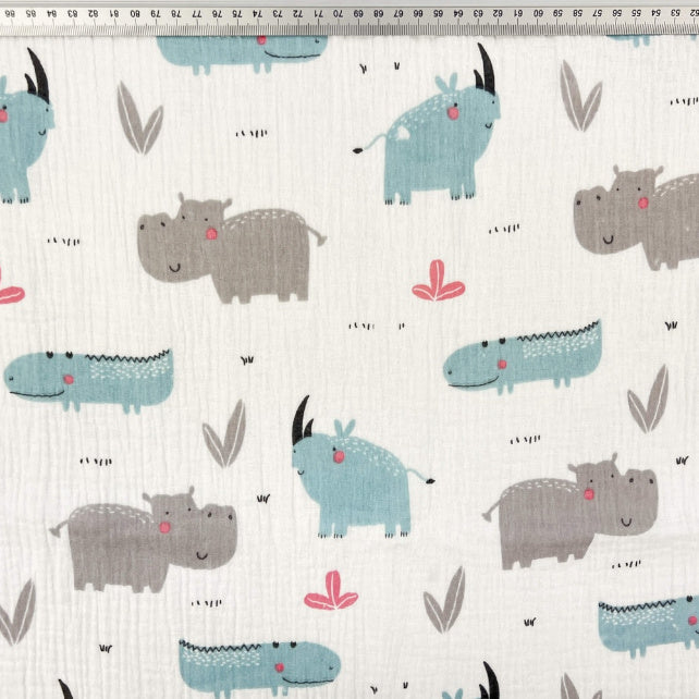 Tissu Double Gaze De Coton Imprimé | Rhino Hippo | Laize 135cm