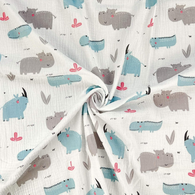 Tissu Double Gaze De Coton Imprimé | Rhino Hippo | Laize 135cm