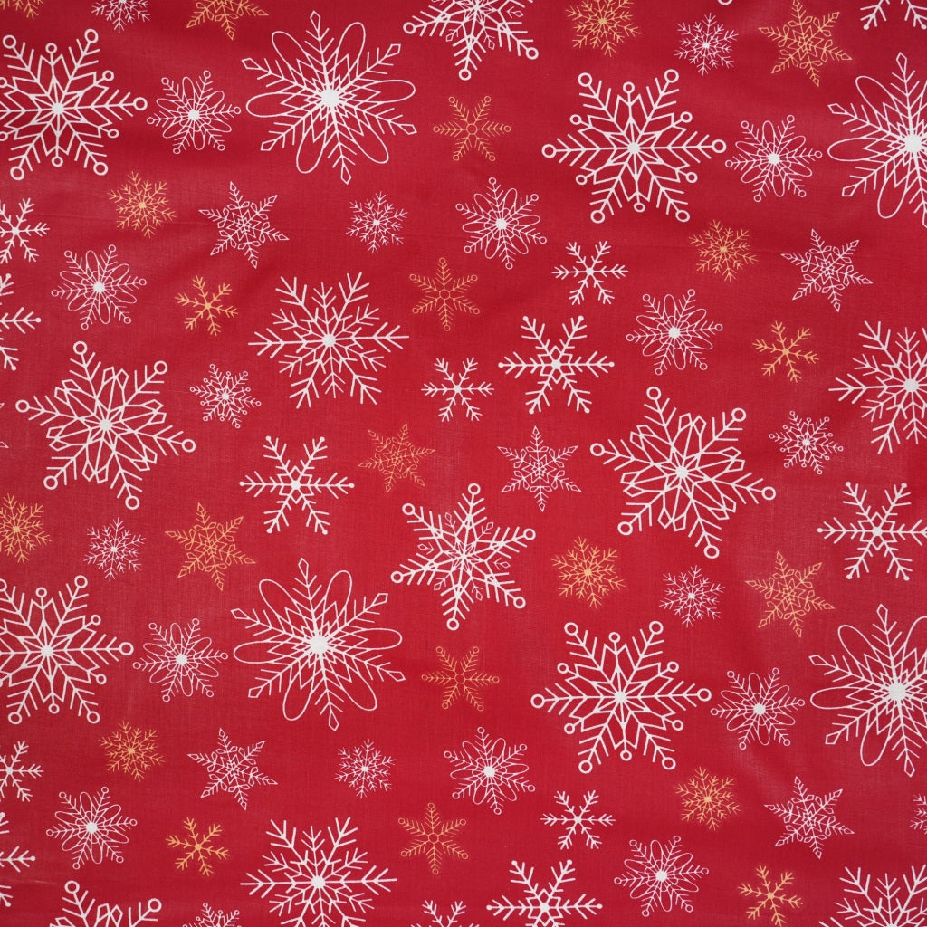 Tissu Coton Noël Flocons Festifs Fond Rouge | Laize 1m55