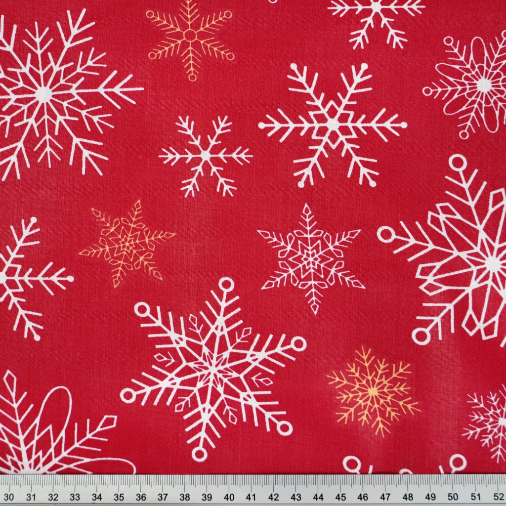 Tissu Coton Noël Flocons Festifs Fond Rouge | Laize 1m55
