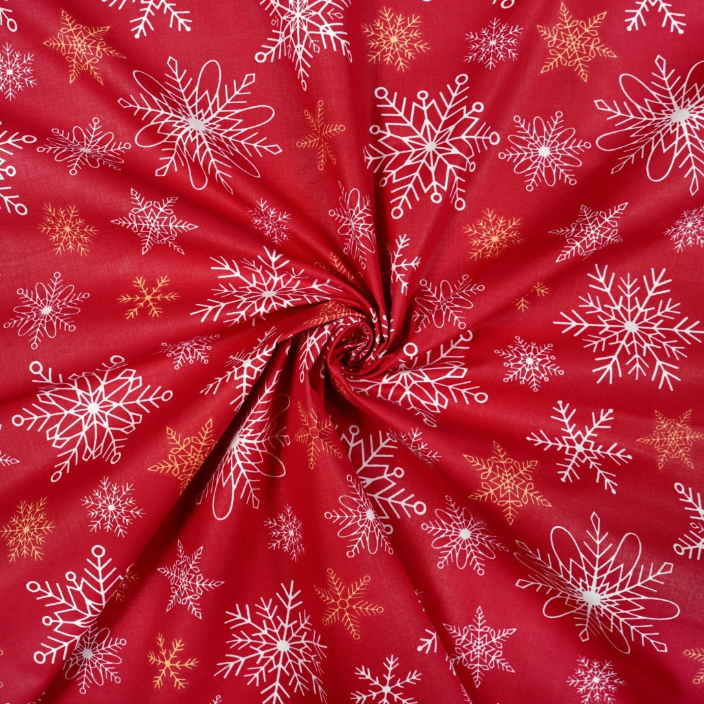 Tissu Coton Noël Flocons Festifs Fond Rouge | Laize 1m55