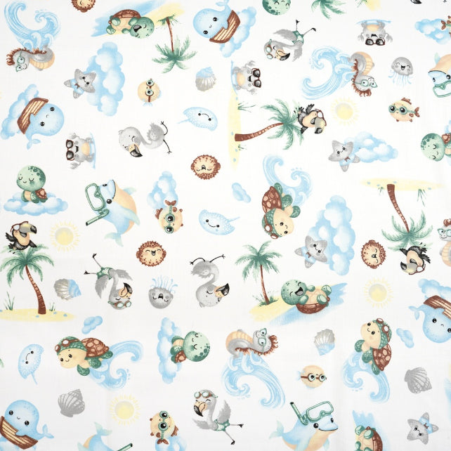 Tissu Coton Animaux de la Mer Fond Blanc | Laize 1m55