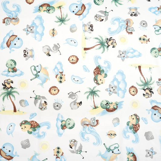 Tissu Coton Animaux de la Mer Fond Blanc | Laize 1m55