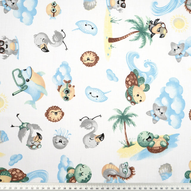 Tissu Coton Animaux de la Mer Fond Blanc | Laize 1m55