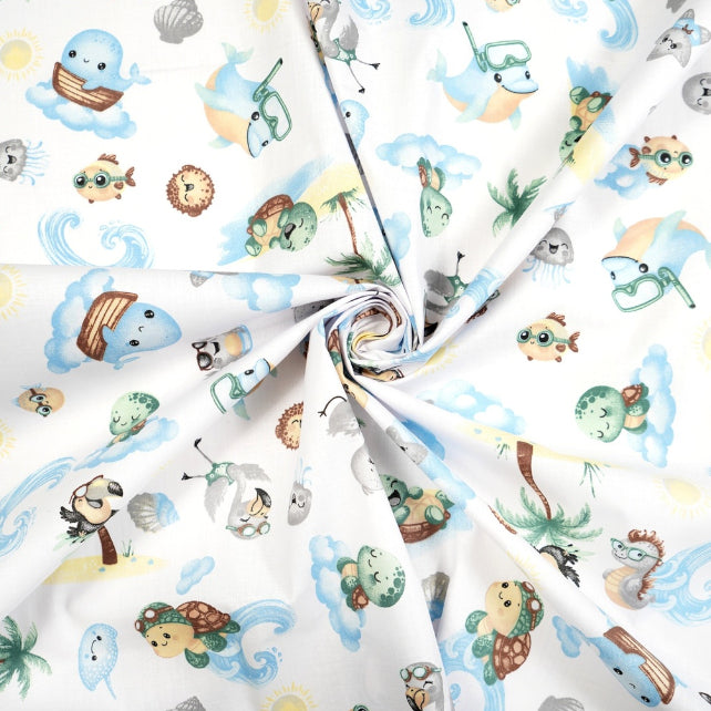 Tissu Coton Animaux de la Mer Fond Blanc | Laize 1m55
