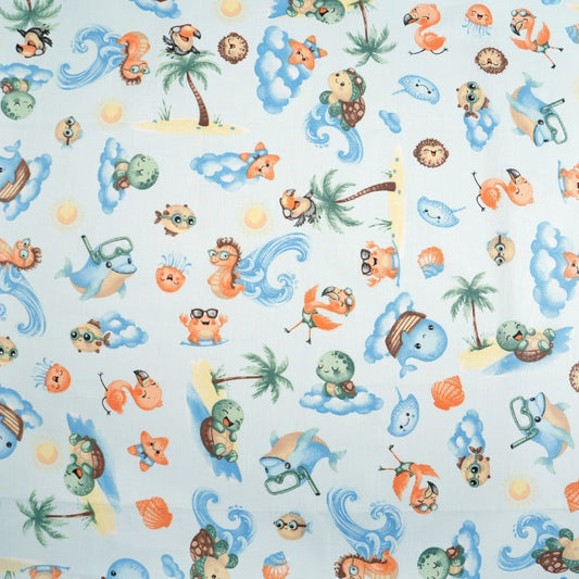 Tissu Coton Animaux de la Mer Fond Bleu | Laize 1m55