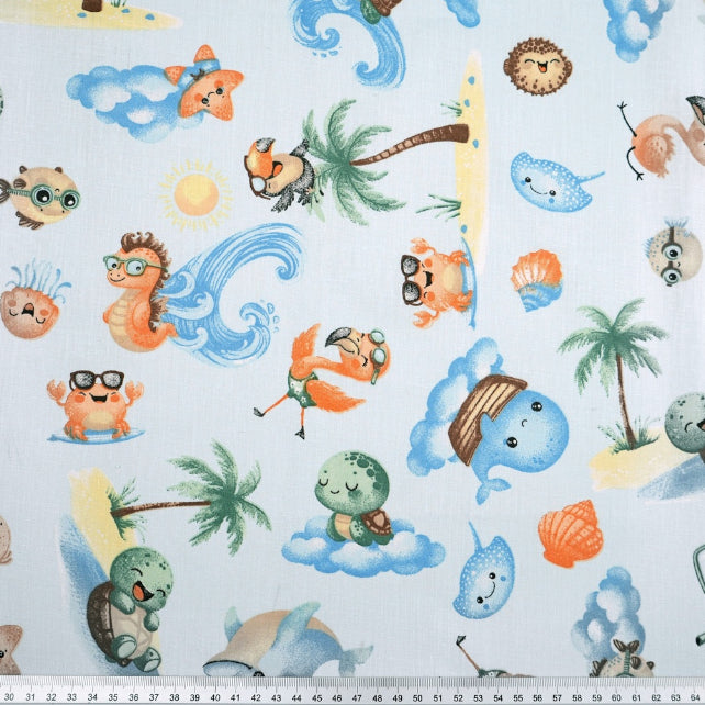 Tissu Coton Animaux de la Mer Fond Bleu | Laize 1m55