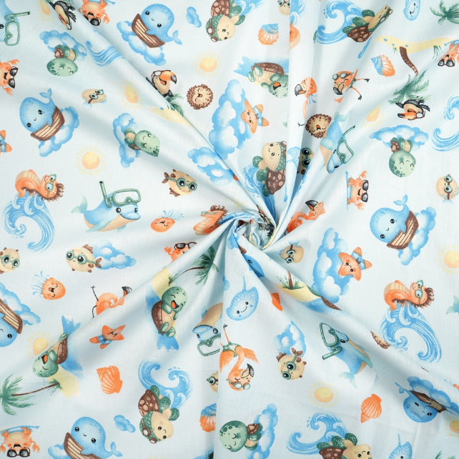 Tissu Coton Animaux de la Mer Fond Bleu | Laize 1m55