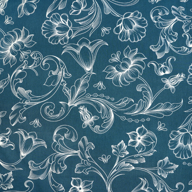Tissu Coton Contours de Fleurs Bleu Jeans | Laize 1m55
